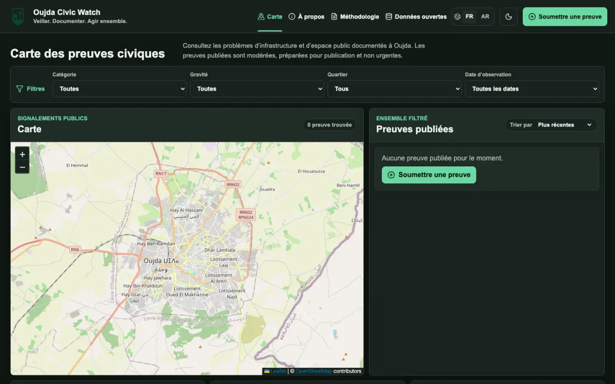 Aperçu de la carte des preuves citoyennes Oujda Civic Watch